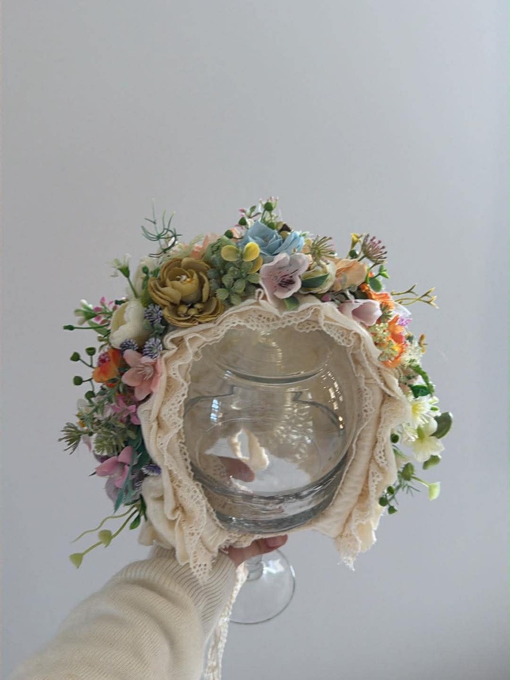 Handmade Cream Floral Child’s Bonnet with Multicolor Flowers for Photography